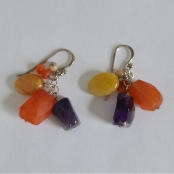 Vintage 80s Boho Barse Sterling Silver Amethyst Gemstone Beaded Dangle Earrings - Picture 2 of 10